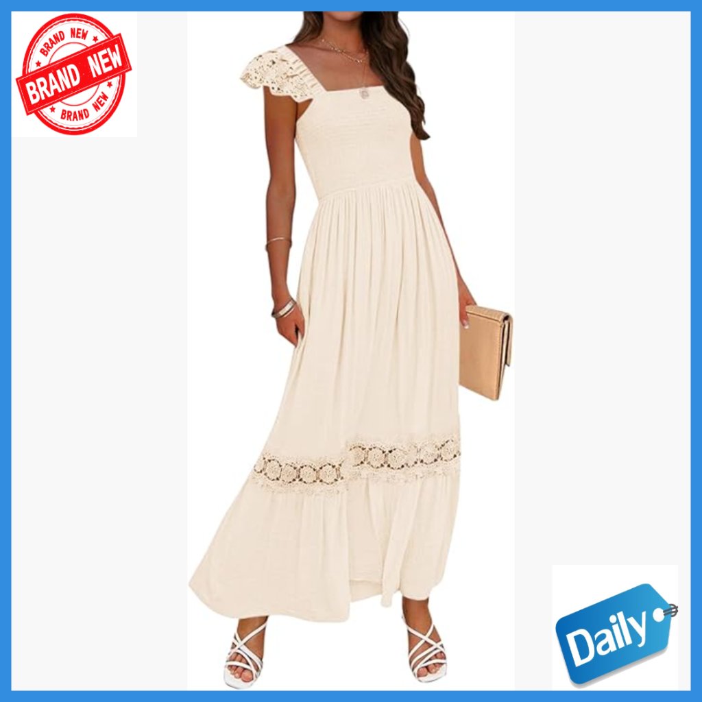 Summer Maxi Dress Lace Strap Square Neck Sleeveless High Waist Flowy A-Line